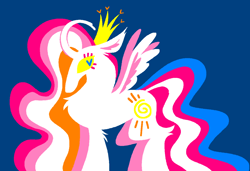 Size: 1280x875 | Tagged: safe, artist:msponies, derpibooru import, princess celestia, alicorn, pony, g4, alternate cutie mark, alternate design, alternate mane color, alternate tail color, blue background, blue pupils, chest fluff, colored, colored eyelashes, colored pinnae, colored pupils, colored sclera, colored wings, crown, curved horn, ear fluff, ears, female, flat colors, heart, heart eyes, hock fluff, horn, jewelry, lesbian pride flag, lineless, long horn, looking back, missing accessory, no mouth, pink eyelashes, pride, pride flag, profile, regalia, simple background, small wings, solo, spread wings, trans celestia, trans female, transgender, transgender pride flag, two toned wings, wingding eyes, wings, yellow sclera