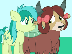 Size: 1058x794 | Tagged: safe, artist:cmara, derpibooru import, sandbar, yona, earth pony, pony, yak, g4, bow, duo, duo male and female, female, hair bow, looking at each other, looking at someone, male, monkey swings