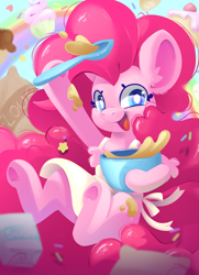 Size: 3071x4252 | Tagged: safe, artist:cutepencilcase, derpibooru import, pinkie pie, earth pony, pony, g4, bowl, dough, flour, smiling, solo