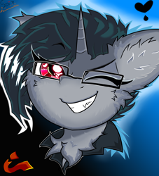 Size: 2000x2200 | Tagged: safe, artist:spirit-fireheart, derpibooru import, oc, oc only, oc:inky heart, pony, bust, chest fluff, ear fluff, ears, gradient background, heart, male, portrait, smiling, solo