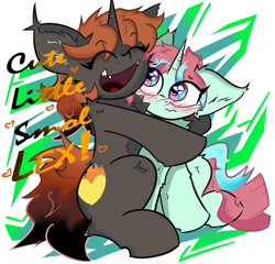 Size: 2185x2100 | Tagged: safe, artist:spirit-fireheart, derpibooru import, oc, oc only, oc:minty glaze, oc:spirit fireheart, pony, unicorn, ^^, blushing, chest fluff, confused, duo, duo male, ear fluff, ears, eyes closed, heart, horn, hug, male, smiling, text, title