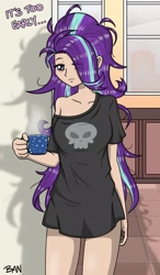 Size: 1414x2419 | Tagged: safe, artist:banquo0, derpibooru import, starlight glimmer, human, g4, bags under eyes, bed hair, bottomless, clothes, coffee, coffee cup, coffee mug, cup, eyebrows, eyebrows visible through hair, female, hair over one eye, humanized, messy hair, morning, mug, nudity, oversized clothes, oversized shirt, partial nudity, schrödinger's pantsu, shirt, sleepy, solo, squint, t-shirt, text, thighs, tired, unamused