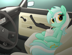 Size: 3738x2874 | Tagged: safe, artist:rainbowšpekgs, derpibooru import, lyra heartstrings, pony, unicorn, g4, car, car interior, cute, drink, female, horn, lada, lyrabetes, mare, paper cup, sitting, soda, solo