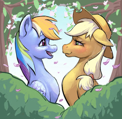 Size: 1946x1893 | Tagged: safe, artist:dana_amurka, derpibooru import, applejack, rainbow dash, earth pony, pegasus, pony, g4, appledash, applejack's hat, blushing, bush, clothes, cowboy hat, duo, duo female, ears, falling leaves, female, floppy ears, flower, flower petals, folded wings, hat, leaves, lesbian, lidded eyes, looking at each other, looking at someone, mare, open mouth, open smile, outdoors, shipping, smiling, tree, wings, ych example, your character here