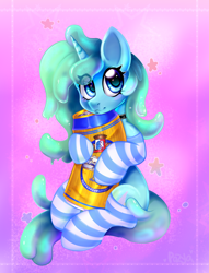 Size: 2150x2820 | Tagged: safe, artist:pozya1007, derpibooru import, oc, oc only, oc:mintya, pony, unicorn, clothes, cute, drink, female, horn, slime, socks, solo, striped socks