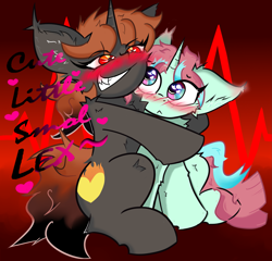 Size: 2185x2100 | Tagged: safe, artist:spirit-fireheart, derpibooru import, oc, oc only, oc:minty glaze, oc:spirit fireheart, pony, unicorn, blushing, chest fluff, confused, duo, duo male, ear fluff, ears, flirting, gradient background, heart, horn, hug, male, text, title