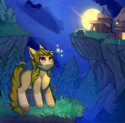 Size: 3754x3700 | Tagged: safe, artist:freak-side, derpibooru import, oc, oc only, earth pony, pony, cliff, forest, house, moon, nature, solo, tree