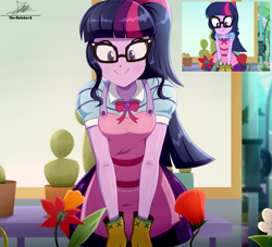 Size: 2134x1934 | Tagged: safe, artist:the-butch-x, derpibooru import, sci-twi, twilight sparkle, human, better together, equestria girls, g4, my little shop of horrors, apron, arms, blouse, bowtie, breasts, bust, cactus, clothes, cute, eyelashes, female, flower, glasses, gloves, happy, long hair, plant, ponytail, puffy sleeves, rose, scene interpretation, screencap reference, shirt, skirt, smiling, solo, standing, teenager, twiabetes