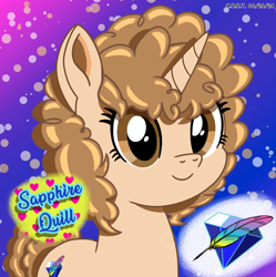 Size: 1980x1986 | Tagged: safe, artist:codenamekid, derpibooru import, oc, oc only, oc:sapphire g. quill, pony, unicorn, curly hair, curly mane, eyelashes, female, gem, gradient background, highlights, horn, looking at you, mare, quill, shading, smiling, smiling at you, solo, text