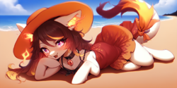 Size: 2400x1200 | Tagged: safe, ai content, derpibooru import, machine learning generated, oc, oc only, oc:sunlight fires, pony, beach, clothes, dress, hat, looking at you, lying down, prompter:greesys, solo