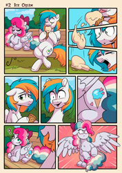 Size: 1810x2560 | Tagged: safe, artist:skysorbett, derpibooru import, oc, oc only, oc:sky sorbet, oc:twister joy, pegasus, pony, 9 panel comic, angry, bench, blushing, comic, crying, duo, duo male and female, eyebrows, eyes closed, female, folded wings, food, frame, frown, high res, ice cream, lying down, male, mini comic, one page comic, open mouth, open smile, pegasus oc, ponyloaf, prone, signature, sitting, smiling, spread wings, stallion, text, upset, wings