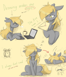 Size: 4992x5856 | Tagged: safe, artist:cirtierest, derpibooru import, oc, oc only, oc:cir tierest, earth pony, pony, clock, coffee, coffee cup, computer, cup, envelope, glasses, male, not derpy, onomatopoeia, solo, sound effects, zzz