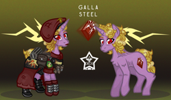 Size: 1700x1000 | Tagged: safe, artist:devorierdeos, derpibooru import, oc, oc only, oc:galla steel, pony, unicorn, armor, beret, clothes, cutie mark, gradient background, hat, horn, lighting, military uniform, red eye army, reference sheet, solo, uniform