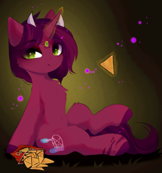 Size: 3427x3654 | Tagged: safe, artist:empress-twilight, derpibooru import, oc, oc:brimstone bargin, pony, tricorn, chips, commission, doritos, food, horn, multiple horns, ych result