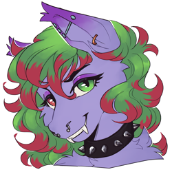 Size: 2000x2000 | Tagged: safe, artist:wurm (remiyell), derpibooru import, oc, oc only, oc:electra, hybrid, pegabat, beautiful, collar, cute, ear fluff, ear piercing, earring, ears, eyelashes, eyeshadow, fangs, fluffy, heterochromia, jewelry, looking at you, makeup, messy mane, nose piercing, original character do not steal, piercing, simple background, smiling, smiling at you, solo, spiked collar, transparent background