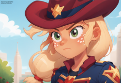 Size: 2432x1664 | Tagged: safe, ai content, derpibooru import, generator:pony diffusion v6 xl, generator:stable diffusion, machine learning generated, applejack, human, equestria girls, g4, angry, captain marvel (marvel), city, crossover, epic, hat, marvel, prompter:kimberlite, serious, stars, superhero, wind