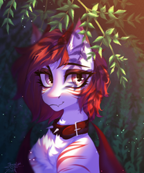 Size: 1700x2045 | Tagged: safe, artist:jsunlight, derpibooru import, oc, oc only, bat pony, pony, bust, chest fluff, collar, fangs, outdoors, signature, solo, spiked collar, wings