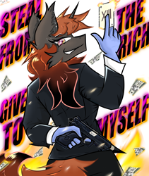 Size: 1890x2244 | Tagged: safe, artist:spirit-fireheart, derpibooru import, oc, oc only, oc:spirit fireheart, anthro, unicorn, card, cheek fluff, clothes, ear fluff, ears, fire, gloves, gun, heart, horn, money, payday 2, smiling, solo, suit, text, title, weapon