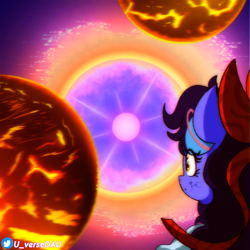 Size: 3070x3070 | Tagged: safe, artist:juniverse, derpibooru import, oc, oc:juniverse, earth pony, pony, colored, explosion, facts, looking at something, planet, ribbon, solo, space, space pony, stars, type ii supernova, universe daughter