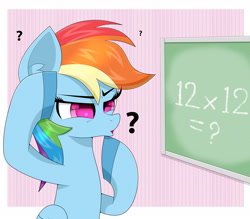 Size: 3000x2633 | Tagged: safe, artist:scandianon, derpibooru import, rainbow dash, pegasus, pony, g4, :o, chalkboard, confused, eyebrows, female, folded wings, high res, mare, math, open mouth, question mark, rainbow dumb, solo, wings