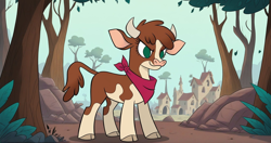 Size: 2048x1080 | Tagged: safe, ai content, derpibooru import, machine learning generated, arizona cow, cow, them's fightin' herds, bandana, building, community related, female, forest, mare, nature, prompter:cypher, tree