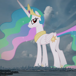 Size: 1440x1440 | Tagged: safe, artist:90sigma, derpibooru import, edit, editor:jaredking779, princess celestia, alicorn, pony, g4, alternate eye color, attack on pony, butt, crown, female, folded wings, giant pony, giantess, giantlestia, highrise ponies, hoof shoes, horn, irl, jewelry, looking at you, looking back, looking back at you, macro, manhattan, mare, new york, new york city, peytral, photo, plot, ponies in real life, princess shoes, red eyes, regalia, smiling, solo, standing, story included, sunbutt, tall, vulgar description, wings, wrong eye color