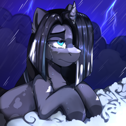 Size: 2000x2000 | Tagged: safe, artist:freak-side, derpibooru import, oc, oc only, pony, unicorn, crying, horn, lightning, solo