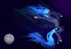 Size: 8000x5535 | Tagged: safe, artist:gemm, derpibooru import, princess luna, alicorn, pony, g4, ethereal mane, ethereal tail, female, full body, full moon, horn, mare, moon, night, sky, sky background, solo, spread wings, stars, tail, wings