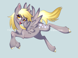 Size: 4000x3001 | Tagged: safe, artist:toxikil, derpibooru import, derpy hooves, pegasus, pony, g4, blushing, cute, flying, open mouth, open smile, shiny hooves, shiny mane, simple background, smiling, solo, spread wings, wingding eyes, wings