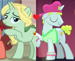 Size: 662x536 | Tagged: safe, derpibooru import, edit, edited screencap, screencap, dear darling, swoon song, pony, unicorn, g4, hard to say anything, deartrot, eyes closed, female, glamor trot, horn, male, mare, raised hoof, raised leg, shipping, shipping domino, stallion, straight, trio