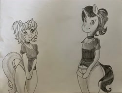 Size: 3786x2912 | Tagged: safe, derpibooru import, semi-anthro, unicorn, duo, duo female, ears, female, hands together, holding, horn, long hair, monochrome, pencil drawing, tail, traditional art