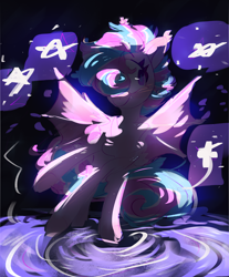 Size: 2480x3000 | Tagged: safe, artist:pakmur, derpibooru import, oc, oc only, oc:sweetie swirl, bat pony, commission, dark background, ear tufts, smiling, solo, stars, water, ych result