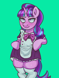 Size: 2300x3000 | Tagged: safe, artist:zigmeow, derpibooru import, starlight glimmer, pony, unicorn, g4, blushing, clothes, female, green background, horn, maid, simple background, solo, stockings, thigh highs, tights