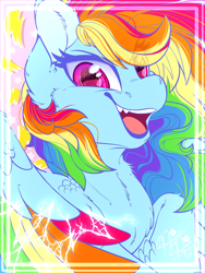 Size: 1536x2048 | Tagged: safe, artist:thehaywaiianhorse, derpibooru import, rainbow dash, pegasus, pony, g4, border, bust, colored wings, eye clipping through hair, eyebrows, eyebrows visible through hair, female, fluffy, lightning, looking at you, mare, multicolored wings, open mouth, open smile, partially open wings, rainbow wings, signature, smiling, smiling at you, solo, stars, wings