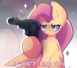 Size: 2150x1900 | Tagged: safe, artist:miryelis, derpibooru import, fluttershy, pegasus, pony, g4, big ears, ears, female, flutterbitch, gun, handgun, hoof hold, human shoulders, impossibly large ears, long hair, looking at you, mare, meme, raised hoof, raised leg, revolver, serious, solo, sparkles, text, weapon, zoom layer