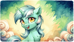 Size: 2560x1456 | Tagged: safe, ai content, derpibooru import, machine learning generated, lyra heartstrings, pony, unicorn, g4, abstract background, chest fluff, cute, female, generator:autismmix confetti, horn, looking at you, lyrabetes, mare, open mouth, open smile, passepartout, prompter:siber, smiling, solo