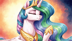 Size: 2560x1456 | Tagged: safe, ai content, derpibooru import, machine learning generated, princess celestia, alicorn, pony, g4, abstract background, bust, crown, eyes closed, female, generator:autismmix confetti, jewelry, mare, peytral, portrait, prompter:siber, raised hoof, raised leg, regalia, solo, sternocleidomastoid