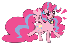 Size: 1151x685 | Tagged: safe, artist:gravity1037, derpibooru import, pinkie pie, pegasus, pony, g4, alternate cutie mark, alternate hair color, alternate mane color, alternate tail color, big mane, big tail, cute, diapinkes, emanata, female, heart, heart tongue, horse collar, looking at you, mare, open mouth, open smile, pegasus pinkie pie, peytral, race swap, simple background, smiling, smiling at you, solo, spread wings, striped mane, striped tail, strut, tail, white background, wings