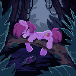 Size: 700x700 | Tagged: safe, artist:crimmharmony, derpibooru import, berry punch, berryshine, pony, g4, bottle, digital art, drunk, eyes closed, forest, nature, night, pixel art, sleeping, solo, tree