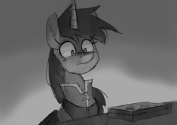 Size: 3508x2480 | Tagged: safe, artist:starry_llama, derpibooru import, oc, oc only, oc:littlepip, pony, unicorn, fallout equestria, clothes, fallout, fanfic art, female, grayscale, horn, jumpsuit, mare, mint-als, monochrome, solo, vault suit