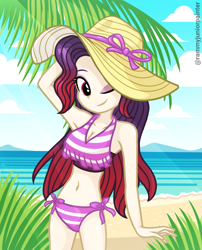 Size: 2015x2490 | Tagged: safe, artist:rjp.rammy, derpibooru import, oc, oc only, oc:anna, equestria girls, g4, adorasexy, beach, bikini, clothes, cute, female, hat, one eye closed, outdoors, sexy, side-tie bikini, slender, solo, striped bikini, striped swimsuit, swimsuit, thin, wink