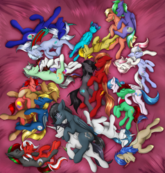 Size: 3573x3755 | Tagged: safe, artist:crimsonwolf360, derpibooru import, oc, oc only, oc:buckwheat, oc:cobalt flame, oc:comet chaser, oc:crimson sky, oc:javelin, oc:midnight shadow, oc:neil davidson, oc:noble six, oc:open air, oc:sideline, oc:weldy, alicorn, bat pony, earth pony, kirin, pegasus, pony, unicorn, bandana, bat wings, bed, belly, belly button, chest fluff, cracked horn, cuddling, ear fluff, ear piercing, ears, horn, kirin oc, leonine tail, piercing, scar, size difference, snuggling, spooning, tail, wings