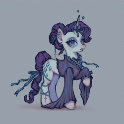 Size: 3500x3500 | Tagged: safe, artist:p1elemuisje, derpibooru import, rarity, pony, undead, unicorn, vampire, g4, 3d cutie mark, alternate hairstyle, blouse, blue background, blue eyes, bow, clothes, full body, goth, gothic, gothic lolita, hair bow, hair bun, horn, jewelry, lolita fashion, makeup, necklace, pearl necklace, purple eyes, purple mane, rarity pose, romantic, simple background