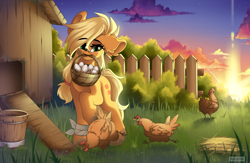 Size: 6120x4000 | Tagged: safe, artist:natanvok, derpibooru import, applejack, bird, chicken, earth pony, pony, g4, basket, cottagecore, egg, female, fence, mare, mouth hold, one ear down, solo, sunrise