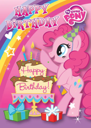 Size: 344x480 | Tagged: safe, derpibooru import, pinkie pie, earth pony, pony, g4, birthday cake, cake, female, food, happy birthday, hat, how do hooves work?, mare, my little pony logo, official, party hat, party horn, present, rainbow, rearing, solo, stock vector, text