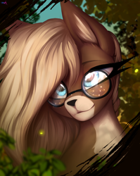 Size: 3000x3760 | Tagged: safe, artist:darky_wings, derpibooru import, oc, oc only, deer, deer pony, hybrid, original species, pony, bust, commission, deer oc, ear fluff, ears, female, forest, fur, glasses, nature, non-pony oc, solo, sun, tree