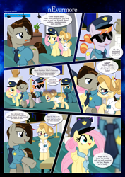 Size: 3259x4607 | Tagged: safe, artist:estories, derpibooru import, copper top, discord, fluttershy, oc, oc:alice goldenfeather, pony, comic:nevermore, g4, clothes, police uniform, pony discord, show accurate