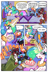 Size: 3063x4552 | Tagged: safe, artist:applepums, derpibooru import, princess celestia, rainbow dash, oc, oc:dr. atmosphere, alicorn, pegasus, pony, fanfic:rainbow factory, g4, cake, cakelestia, cannon, comic, dialogue, eating, fanfic art, food, fuse, glowing, glowing horn, horn, jewelry, lever, magic, magic aura, pony cannonball, rainbow factory dash, regalia, smuglestia, telekinesis, to the moon, trollestia