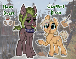 Size: 2769x2129 | Tagged: safe, artist:nootaz, derpibooru import, oc, oc only, oc:chopping block, oc:hazy daisy, earth pony, pony, fallout equestria, choker, duo, ear piercing, earring, freckles, jewelry, lidded eyes, open mouth, open smile, piercing, raider, smiling, tongue, tongue out, tongue piercing, unamused, unshorn fetlocks