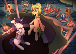 Size: 3470x2450 | Tagged: safe, artist:alicetriestodraw, derpibooru import, oc, oc only, earth pony, pony, unicorn, amusement park, duo focus, earth pony oc, horn, unicorn oc